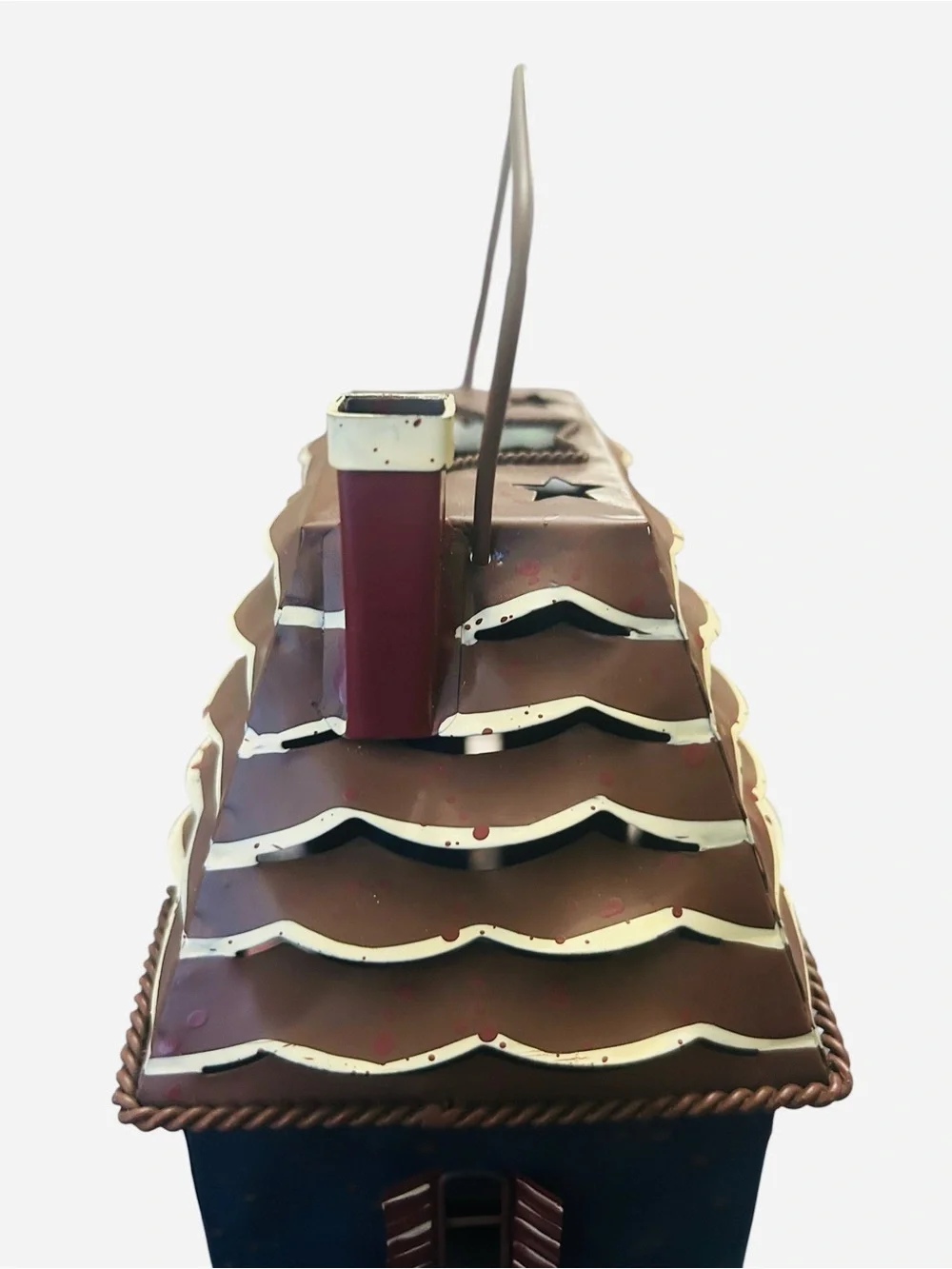 primitive-style blue and brown metal house candle lantern 7X5.5”